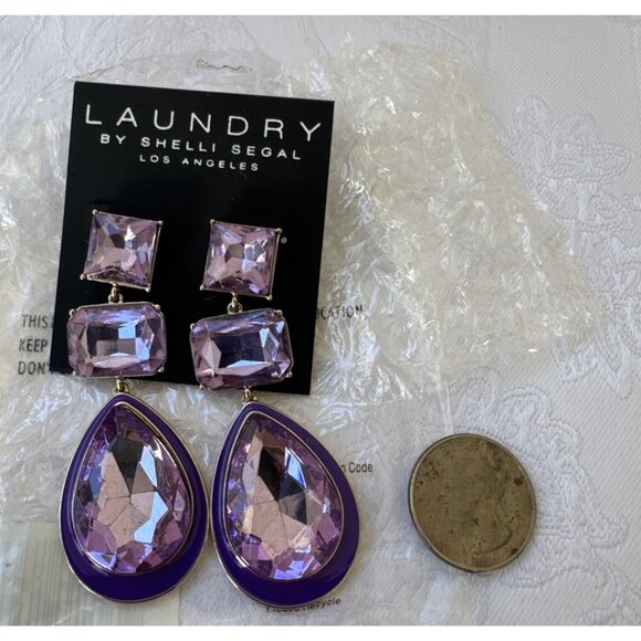 Laundry by Shelli Segal Purple Gem Rhinestone Teardop Dangle Statement NWT - Picture 2 of 14